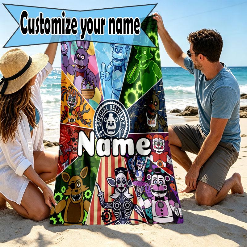 Custom Name Personalized Five Nights at Freddy's Print Beach Towel, for Trip Camping Beach Party Home Decor, Birthday Gift for Family & Friends