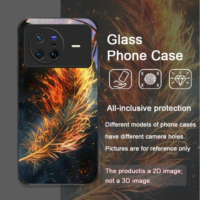 Эстетичный Чехол из Закаленного Стекла с Узором Огненного Пера Феникса для OPPO Reno 13F 12 11 10 ProPlus Find X8 X5 X3 PRO Lite