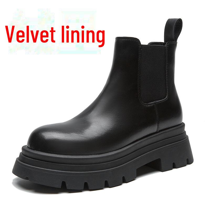Women's 2024 Spring/Fall Fashionable Thick-Soled Chelsea Boots with Slim Fit and Genuine Leather Thick-Heeled Design