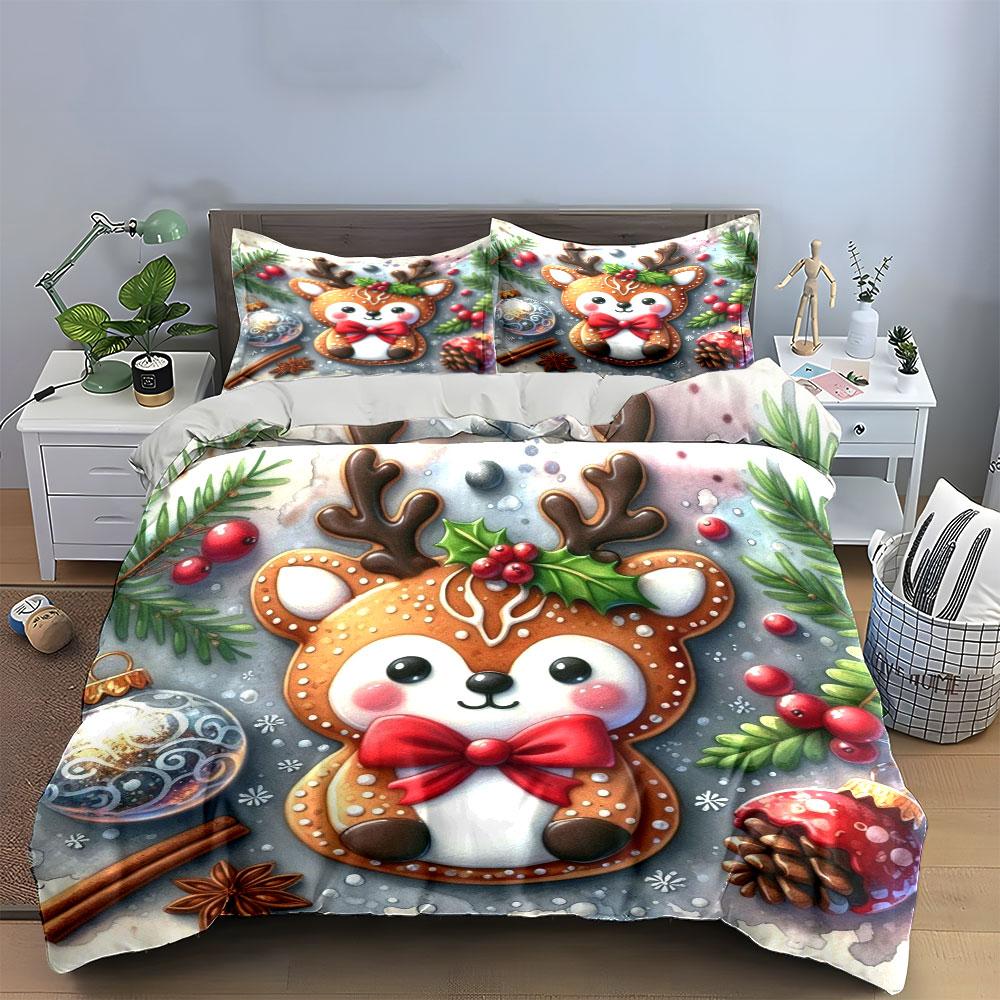 Cartoon reindeer with holly. Bedding sets Duvet cover sets Duvet covers Pillowcases(1*Duvet Cover 2*Pillowcases without duvet insert)