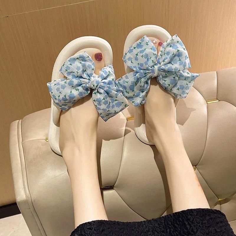 2024 Летние женские шлепанцы EVA с бантами, мягкие нескользящие женские тапочки Cloud, пляжная женская обувь, повседневные тапочки на плоской подошве, шлепанцы