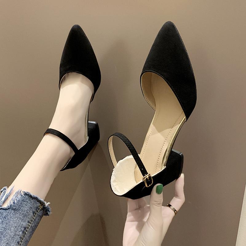 Повседневная обувь с острым носком и ремешком на щиколотке, удобная, большого размера, женская, на толстом каблуке, неглубокая, рабочая обувь, сандалии, летняя мода