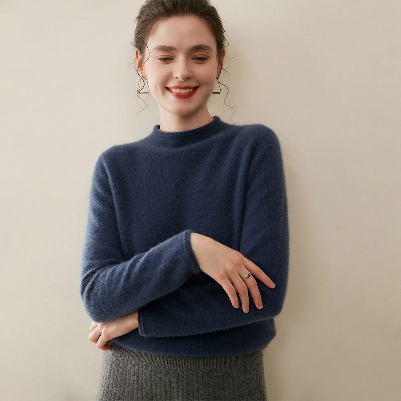 Women's Pure Cashmere Half-High Neck Sweater, Solid Color, Loose Long Sleeves, Autumn/Winter Collection.