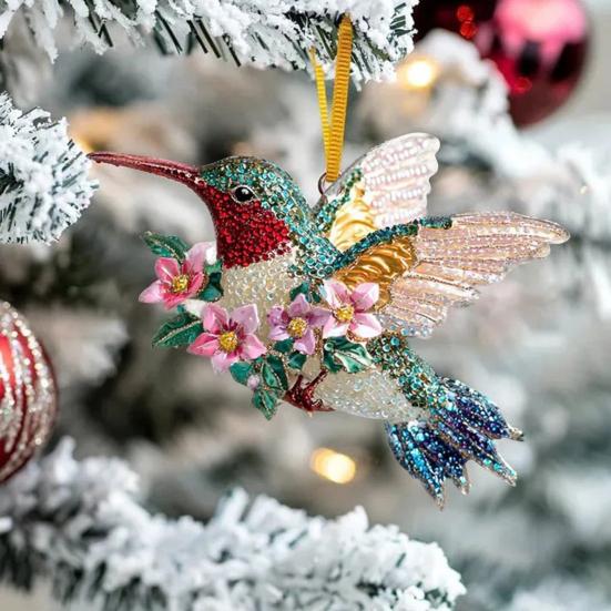 Hummingbird Christmas Ornaments Glitter Rhinestones Floral Hummingbird Ornaments for Christmas Tree 2D Acrylic Keepsake Gifts for Bird Lovers