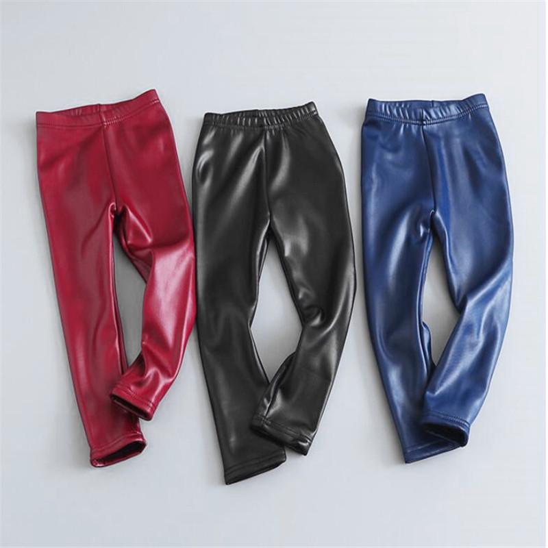 Autumn Winter Kids Warm Trousers Girls Boys Faux PU Leather Pants Slim Girls Leggings