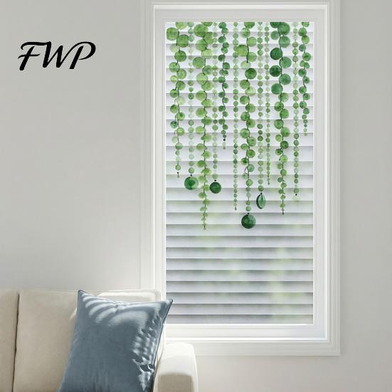 Repositionable Window Sticker Reeded Glass Privacy Film Non Adhesive Frosted Sun Blocking Cling Hanging Green Plants Decorative for Bathroom