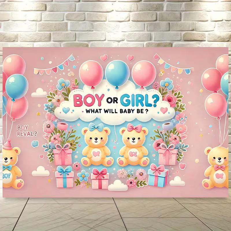 2D Gender Reveal Teddy Bear Tapestry, Pink Blue Balloon Baby Shower Decor