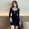 Women's Velvet Long Sleeve Bodycon Dress - Sexy Low-Cut Mini Skirt for Autumn/Winter Nightclub or Work Events