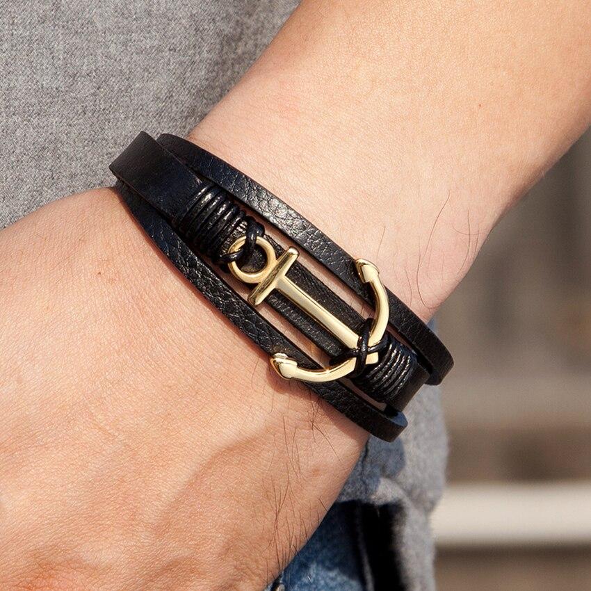 Модные ювелирные изделия Браслет из натуральной кожи для мужчин Многослойные браслеты с якорями Женские браслеты из нержавеющей стали для мужчин Классические ювелирные изделия