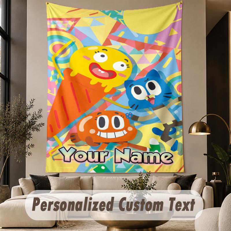 Custom Text Printed Tapestry Amazing World of Gumball Pattern Large Wall Hanging Indoor Room Decor