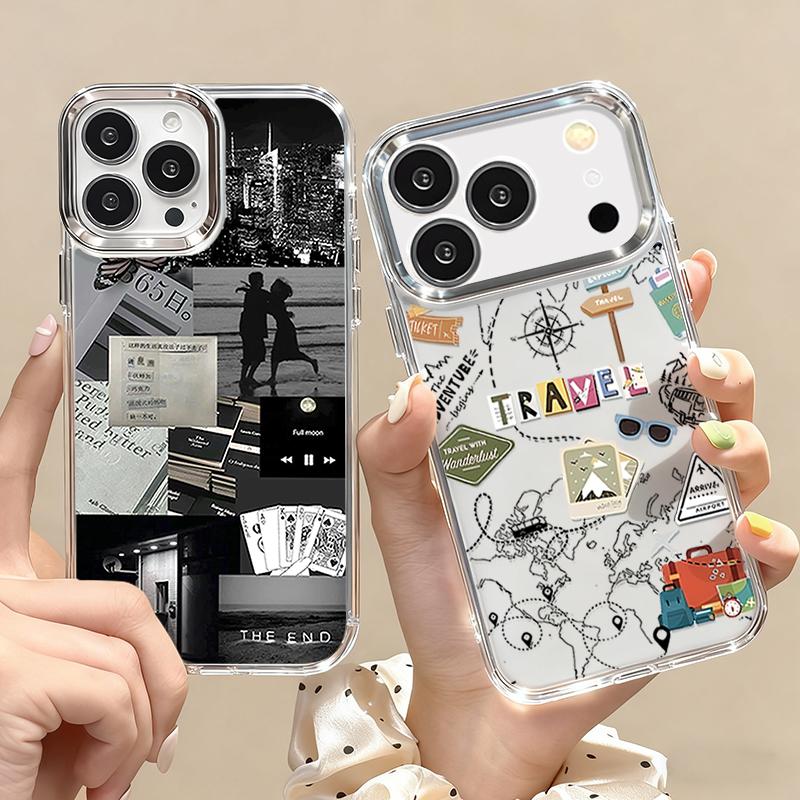Чехол в стиле ретро-коллаж для iPhone 17 Pro Max С покрытием Рамка для камеры Прозрачный мягкий чехол для iPhone 16 15 14 13 Pro Max 11 16E 17E