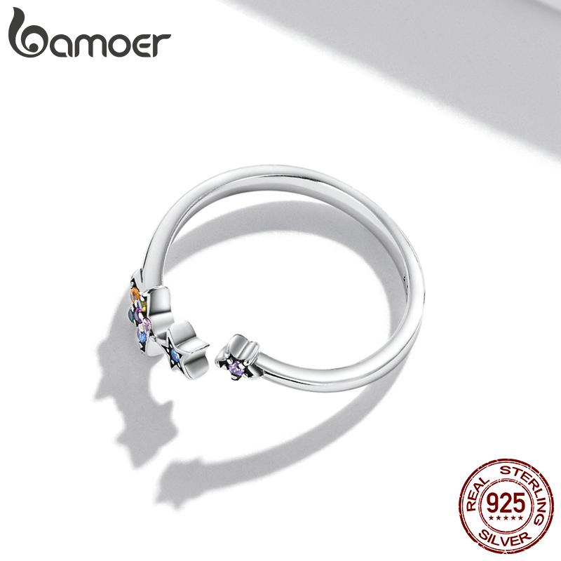 BAMOER стерлингового серебра 925 пробы Регулируемые Радужные красочные звезды любовь сердце роза открытые кольца для женщин женские оригинальные ювелирные изделия