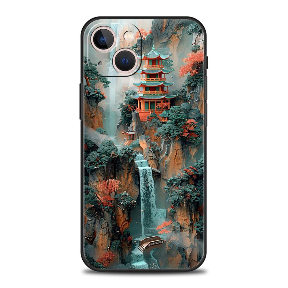 Мягкий ТПУ чехол для телефона iPhone 16/15/14/13/12/Pro/Max/16E/11/Pro/7/8/Plus/XS/Max, ударопрочный, в китайском стиле, с рисунком пейзажа