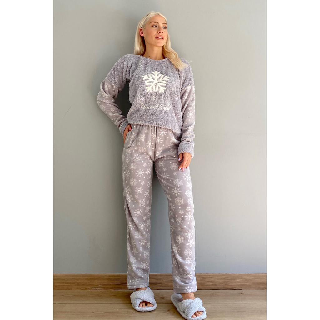 Женский плюшевый пижамный комплект с рисунком снежинок и пудры