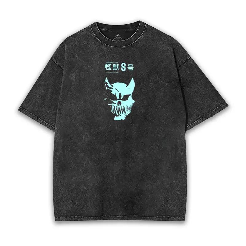 Vintage Washed Hot Kaiju No 8 Anime Cool Printed Graphic T-shirt Oversized T Shirt Men Women Clothing Polyester Short Sleeve Tees