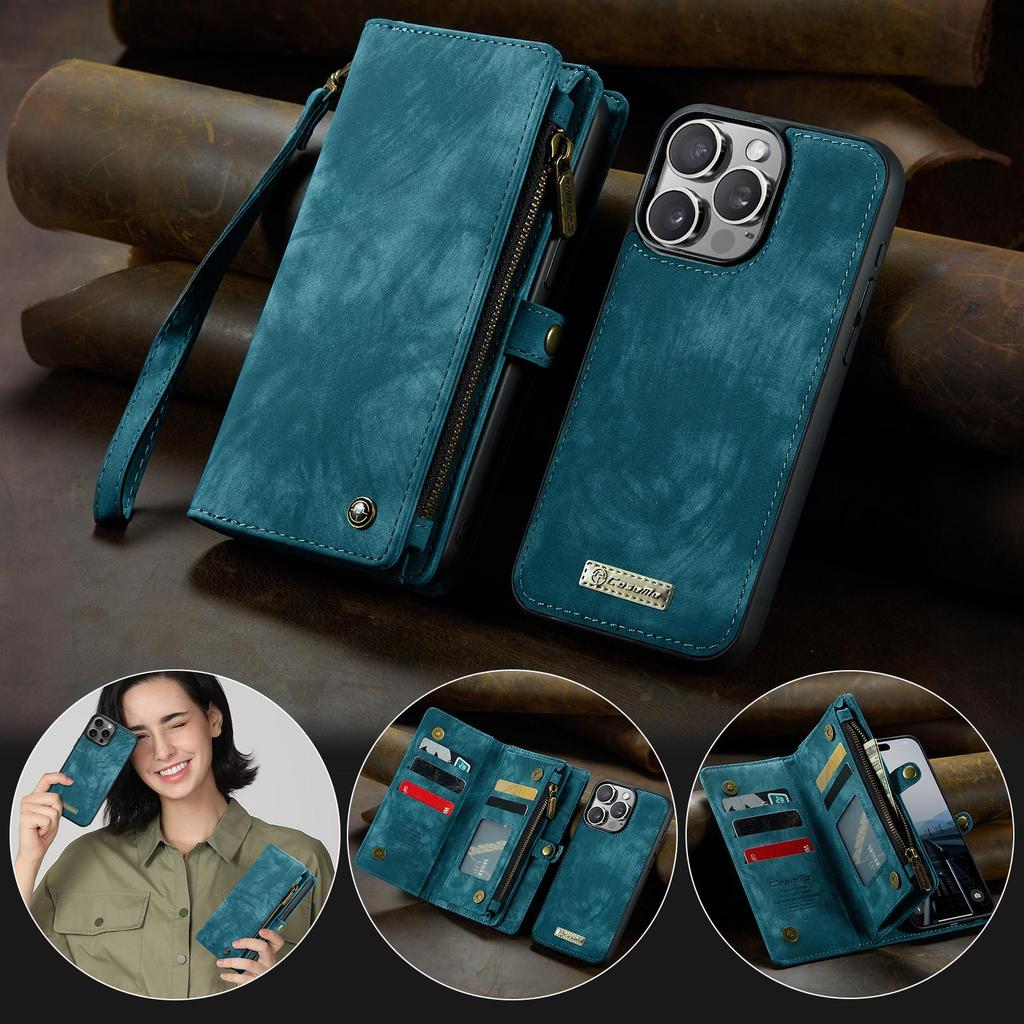 CaseMe-008 Для iPhone 16 Pro Max Съемный 2-в-1 Кошелек-чехол с молнией и ремешком на запястье Многофункциональный Чехол для телефона с отделениями для карт
