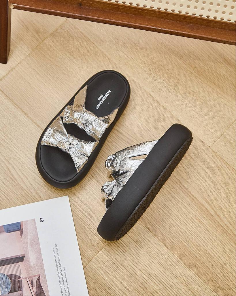 2025 New Thick-soled Cool Slippers for Women's Fashion and Versatile Bow Open-toed Women's Casual One-word Slippers Trendy Shoes