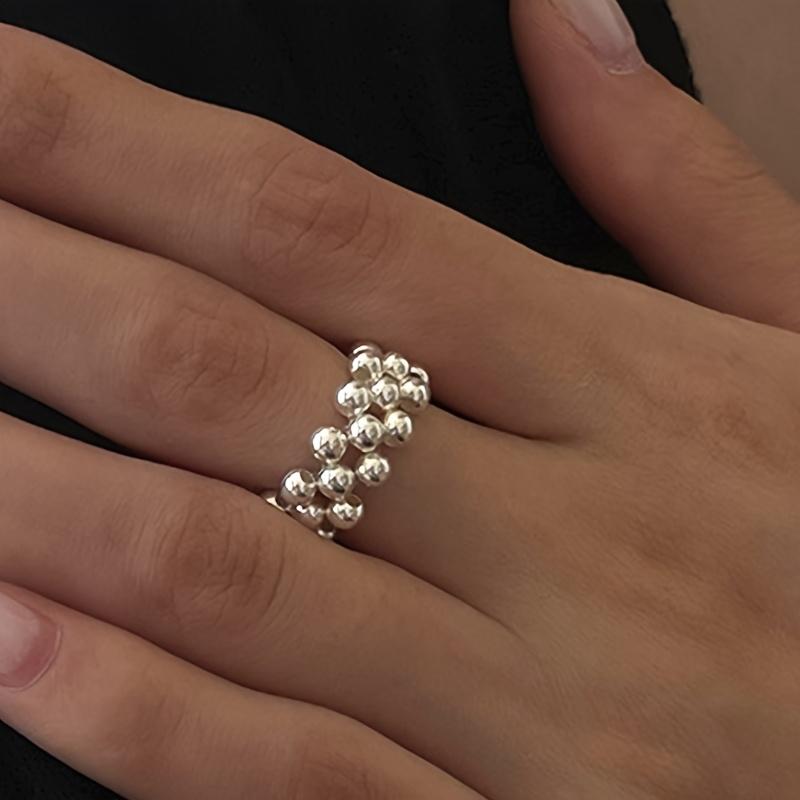 Huitan Beaded Chain Ring for Women Minimalist Multi-row Round Ball Wide Band Stackable Finger Ring Daily Party Trendy Jewelry