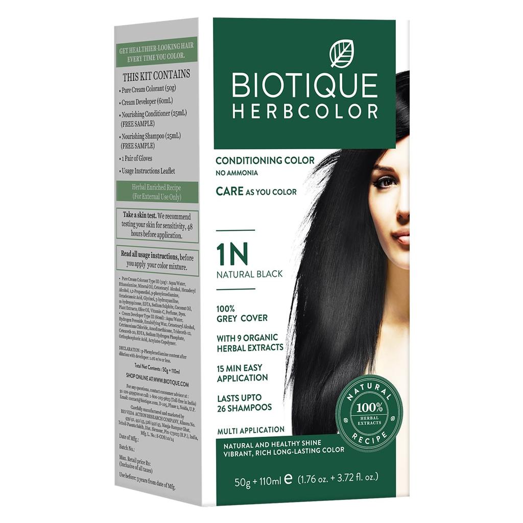 Biotique Herbcolor Безаммиачная краска для волос 50г + 110мл, Натуральный черный 1N, 9 органических растительных экстрактов, Закрашивание седины, 26 смываний