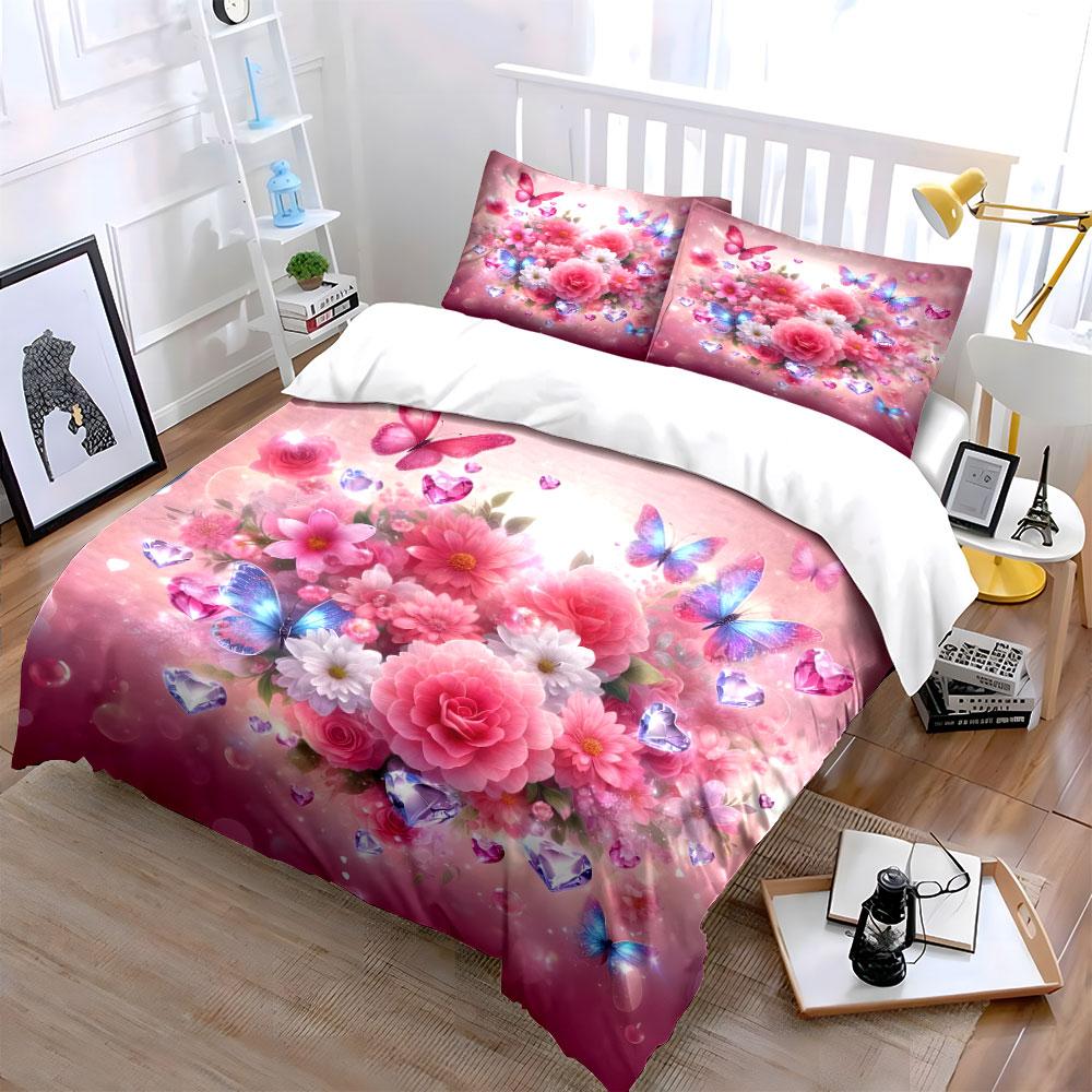 "Floral Butterfly Decorative Set" Bedding Set with 1 Duvet Cover 2 Pillowcases Single Double King Queen, Gift