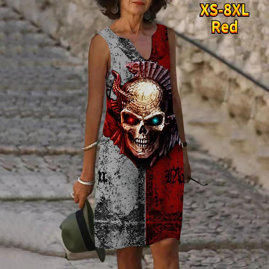 Женское летнее черно-серое платье с v-образным вырезом и принтом головы черепа, повседневное модное платье без рукавов, повседневные свободные сексуальные платья размера плюс XS-8XL
