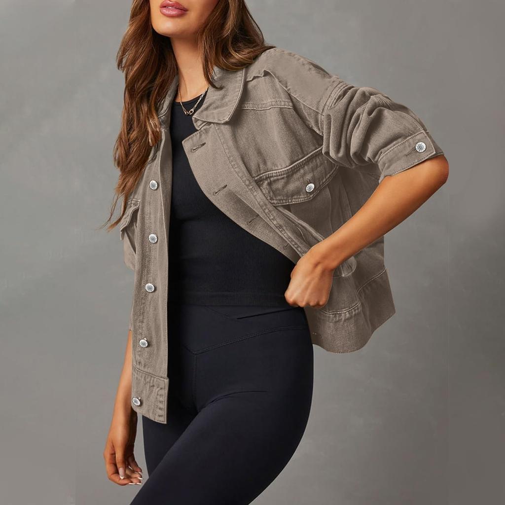 Women's Stretch Denim Jacket Long Sleeve Jean Jacket Trucker Jacket With Pocket