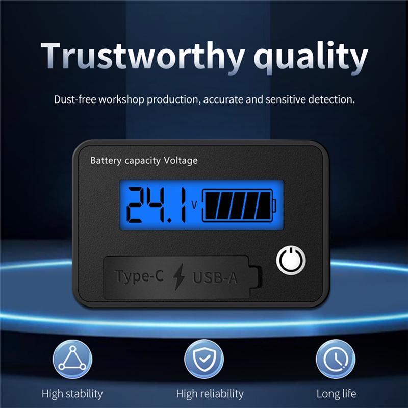 A96I-DC 8-30V LCD Digital Battery Voltmeter Capacity Indicator Lithium Acid Battery Voltage Tester Meter Tool Typec Output