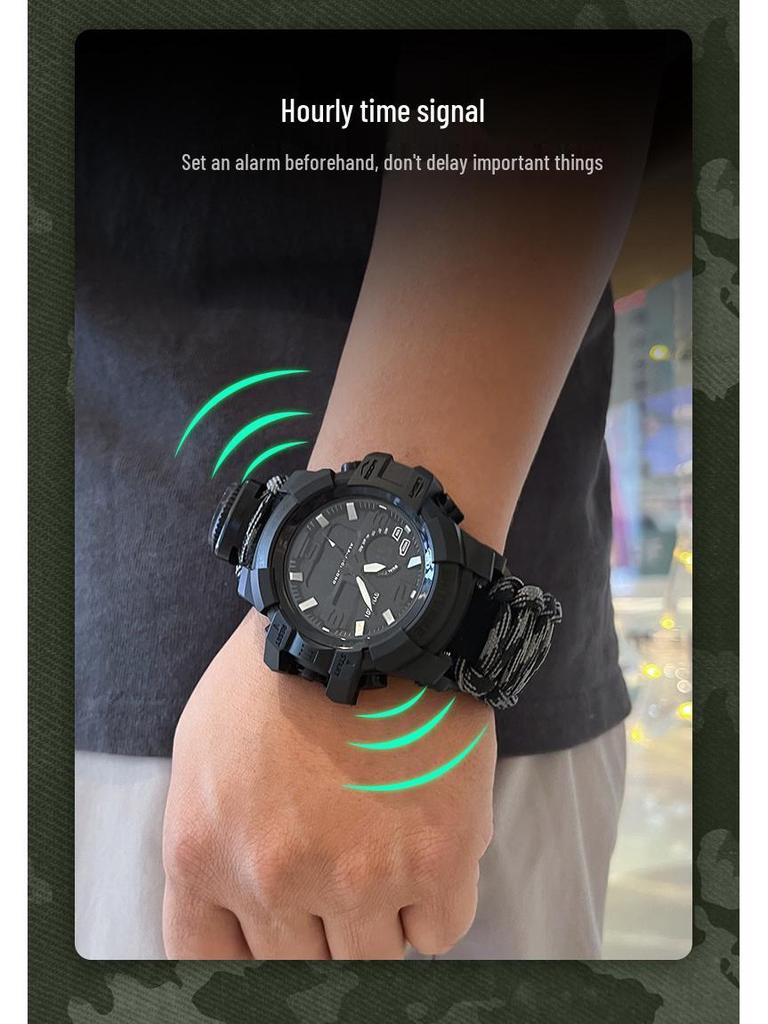 Мужские наручные часы для выживания на открытом воздухе с двойным дисплеем, спасательной веревкой, огнивом, свистком и компасом