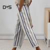 Women Harem Pants Elastic Waist Drawstring Geometric Pattern Beach Trousers with Pockets Loose Fit Thin Casual Pants