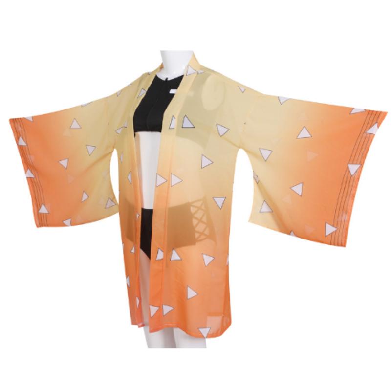 Demon Slayer Косплей Kimetsu No Yaiba Kamado Tanjirou Косплей Двухсекционный купальник с V-образным вырезом Купальник с прозрачным кимоно Кардиган