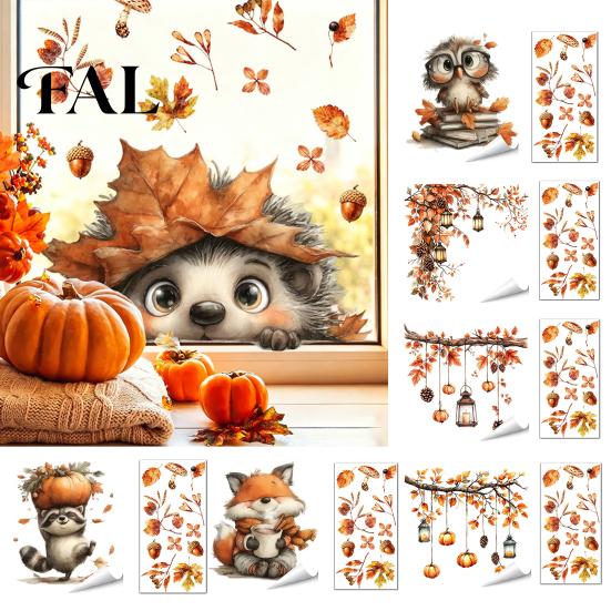 Seasonal Glass Stickers for Living Room Autumn Static Window Sticker with Cute Animals & Maple Leaves, Removable Harvest Clings Festival Clings