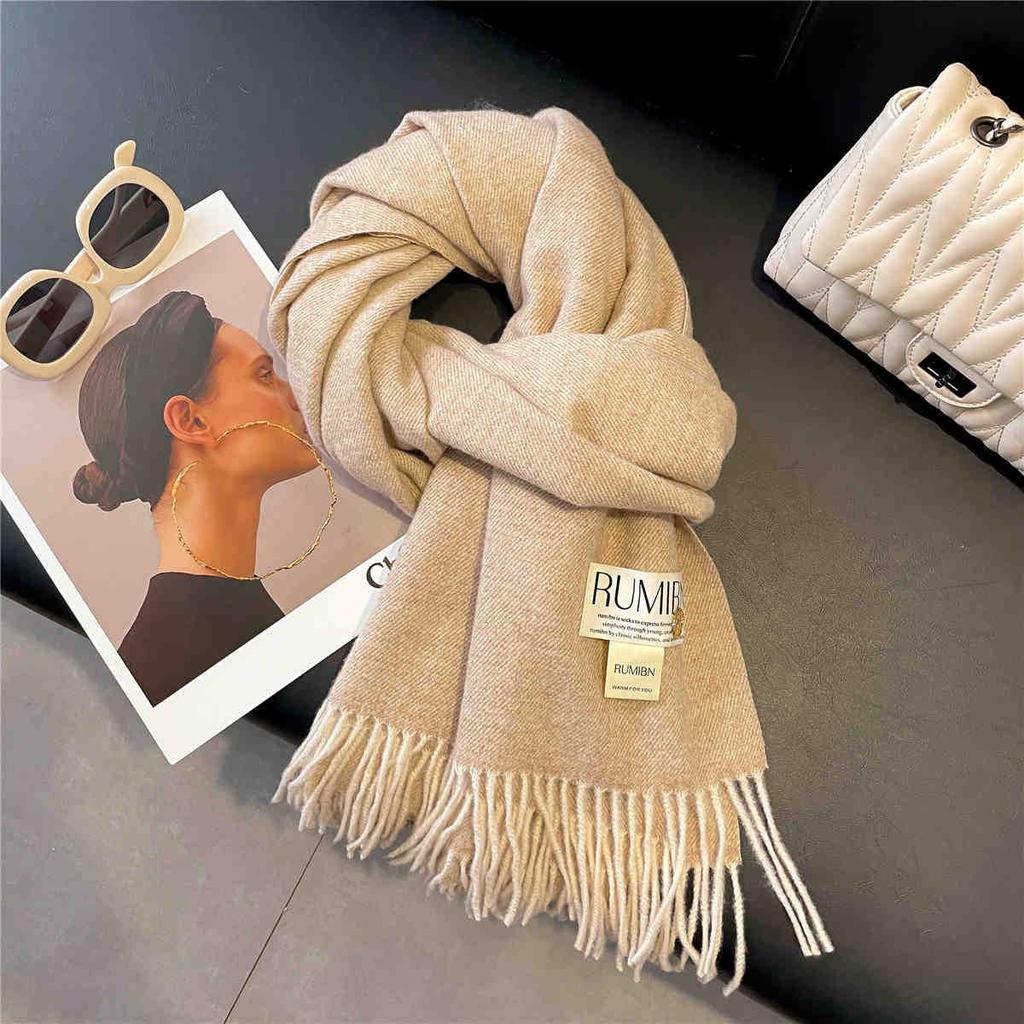 Земляной цвет, базовый однотонный большой шарф с кисточками, темперамент, утолщенная теплая шаль, мягкая клейкая шея