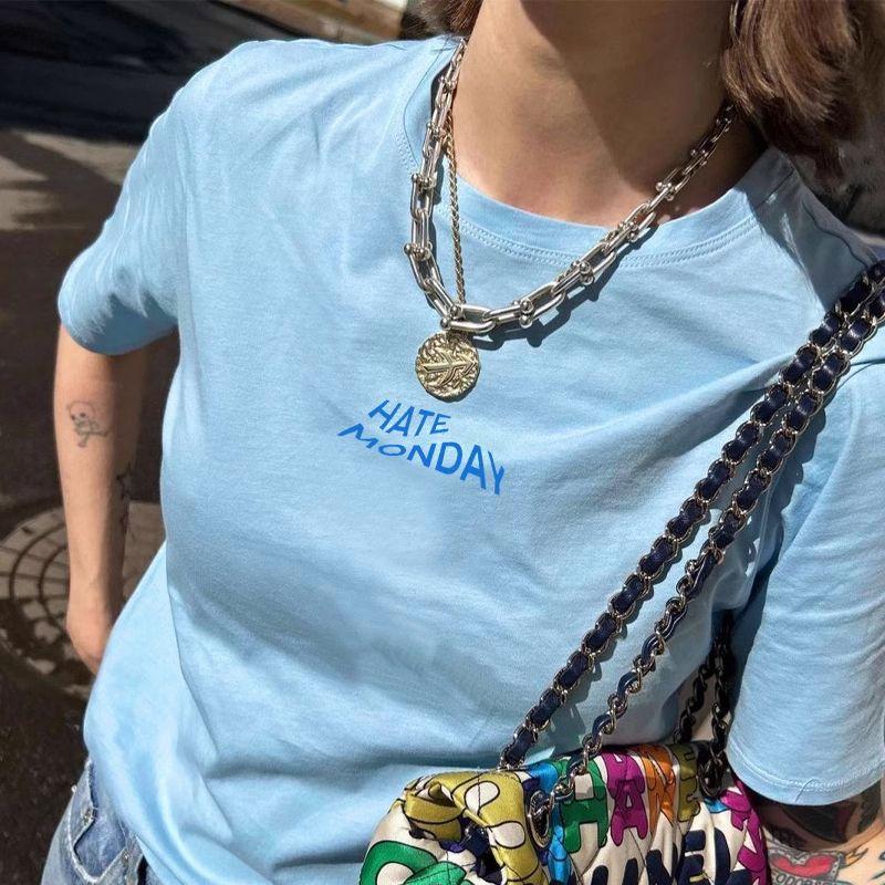 Milk Blue Short-Sleeved T-shirt Female 2025 New Arrival Summer Pure Cotton Loose Easiest for Match American Retro Casual Shoulder Half Sleeve