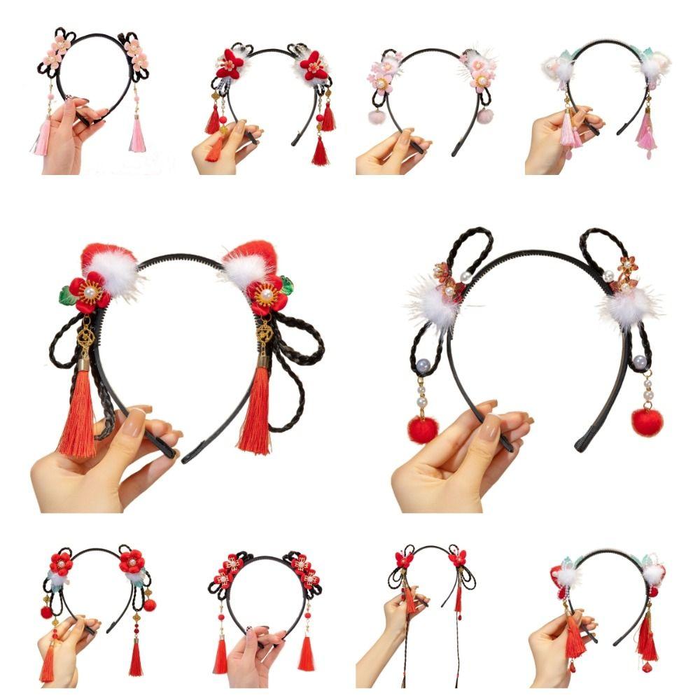 Красный парик ханьфу, повязка на голову с жемчугом, новогодний головной убор, традиционная повязка на голову с цветочной кисточкой для детей