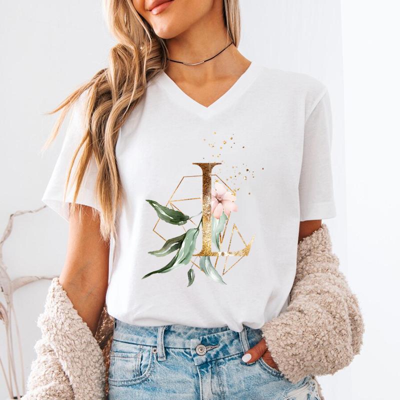 Pink Flower Letters Az Print Tshirt 26 Alphabet Unisexs Vneck Tshirt Flower Letter A B C D Short Sleeve Female Tees Tops