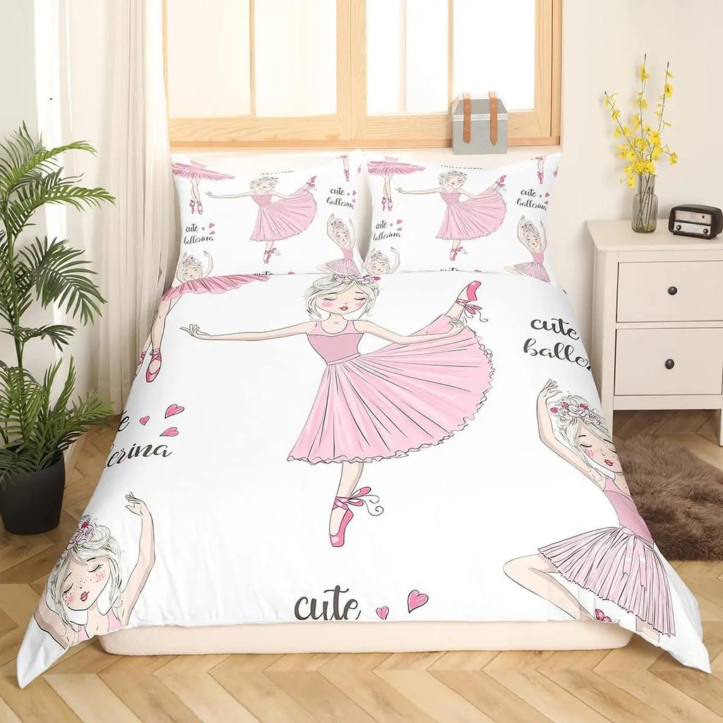Ballet Girl Duvet Cover Set King Size Pink Lovely Little Ballerinas Bedding Set Kids Girls Princess Soft Polyester Quilt Cover