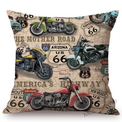 Classic Us Route 66 Vintage Motorcycle Poster Art Home Decorative Pillow Cover Retro American Style Cotton Linen Cushion Covers