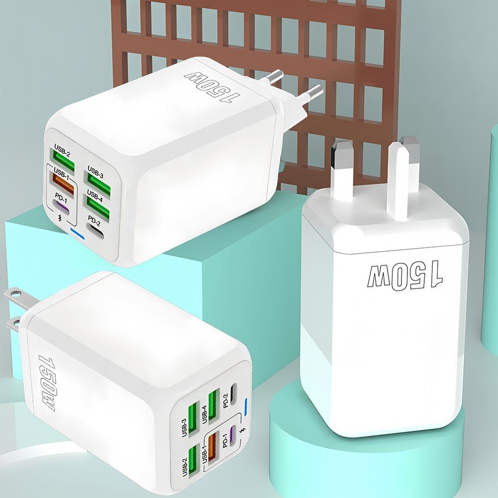 150 Вт, 6 портов, USB-зарядное устройство, PD Быстрая зарядка, Настенный адаптер, Вилка EU, Быстрая зарядка 3.0, Многопортовый адаптер питания