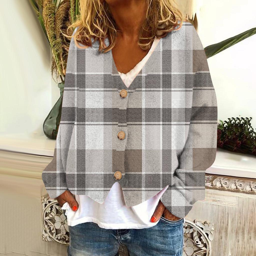 Women's Fashion Short Jacket Casual Long Sleeve Plaid Print Single Breasted Plush Top