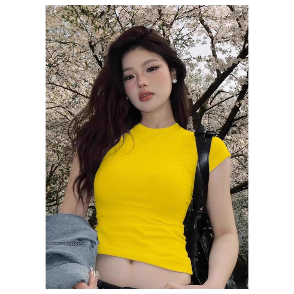 Spring and summer stacked slim-fit threaded short round neck commuter t-shirt front shoulder versatile top short-sleeved t-shirt women