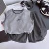 Boys' Sleeveless 2-Piece Set Gray Striped Printed Vest And Casual Shorts Comfortable Clothes for Children 0-5 Years Old