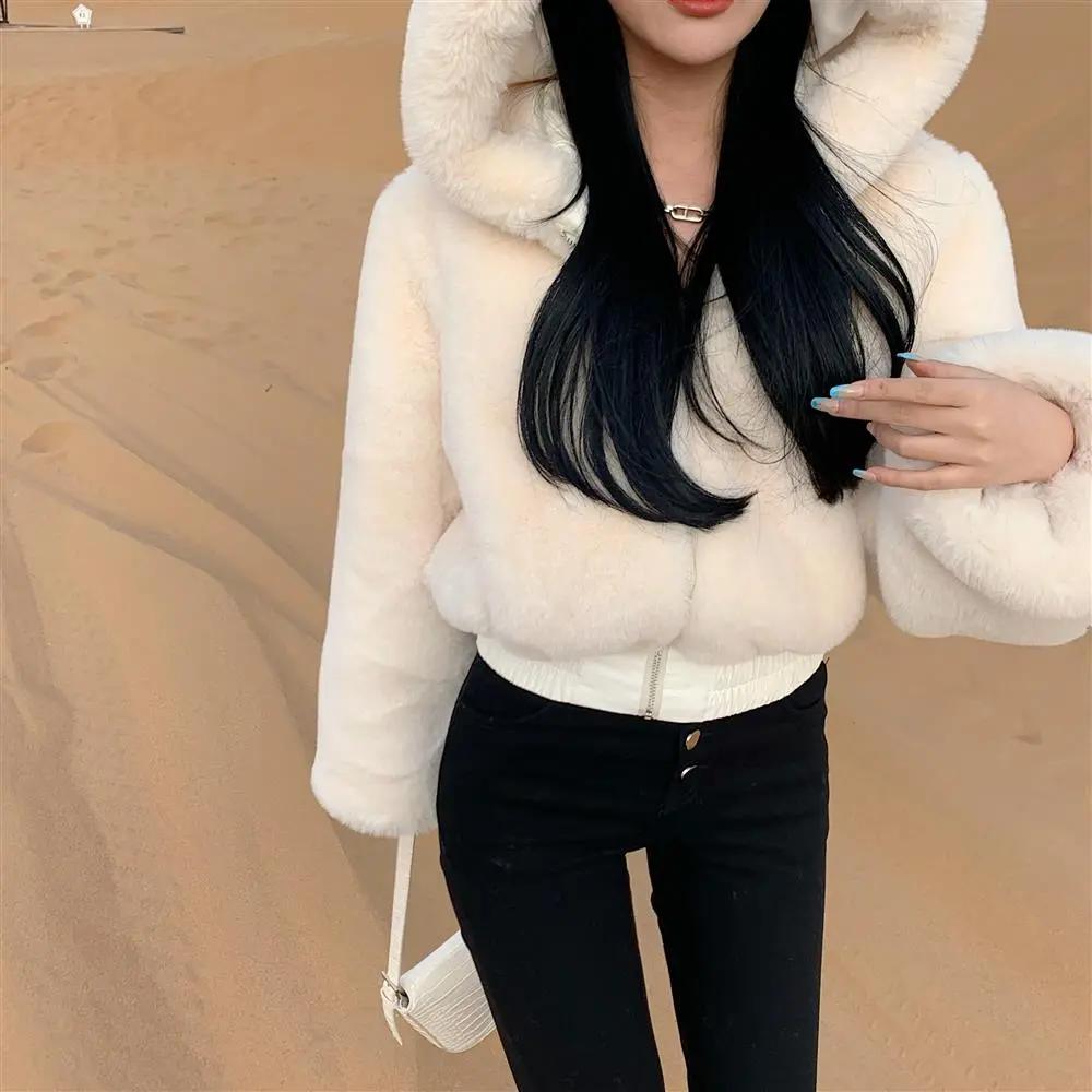 Winter Women's Faux Fur Coats and Jackets - Furry Cropped Fluffy Hooded Short Top Coat