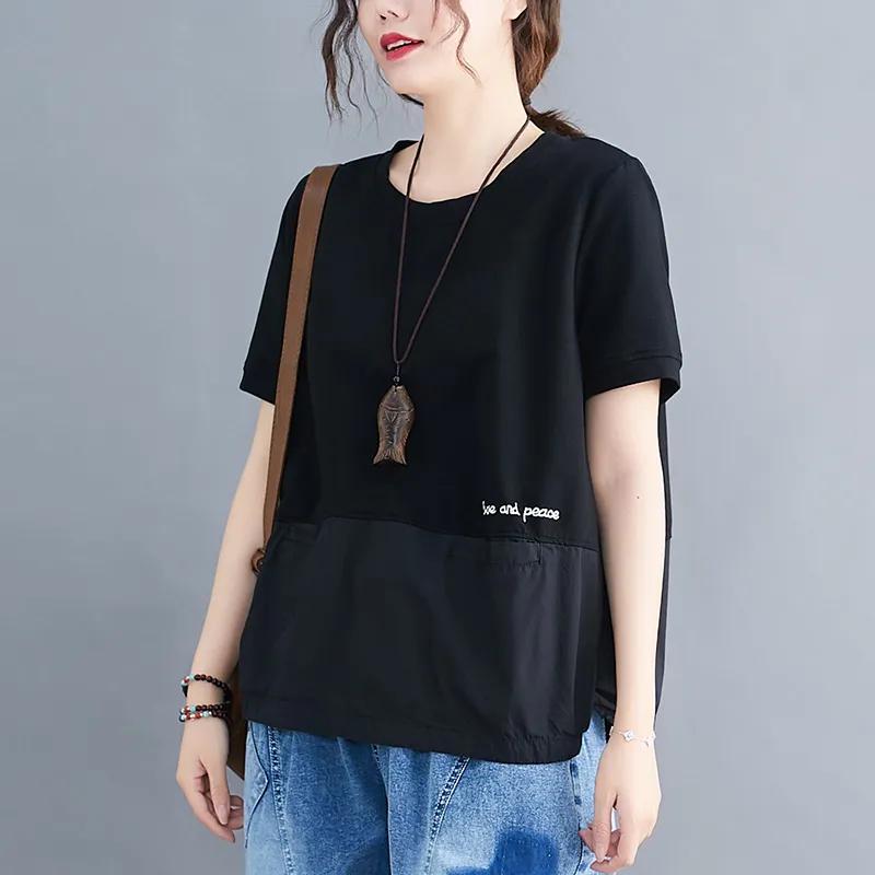 Футболки женские модные однотонные повседневные футболки в стиле пэчворк с коротким рукавом свободные топы большого размера летние трендовые футболки