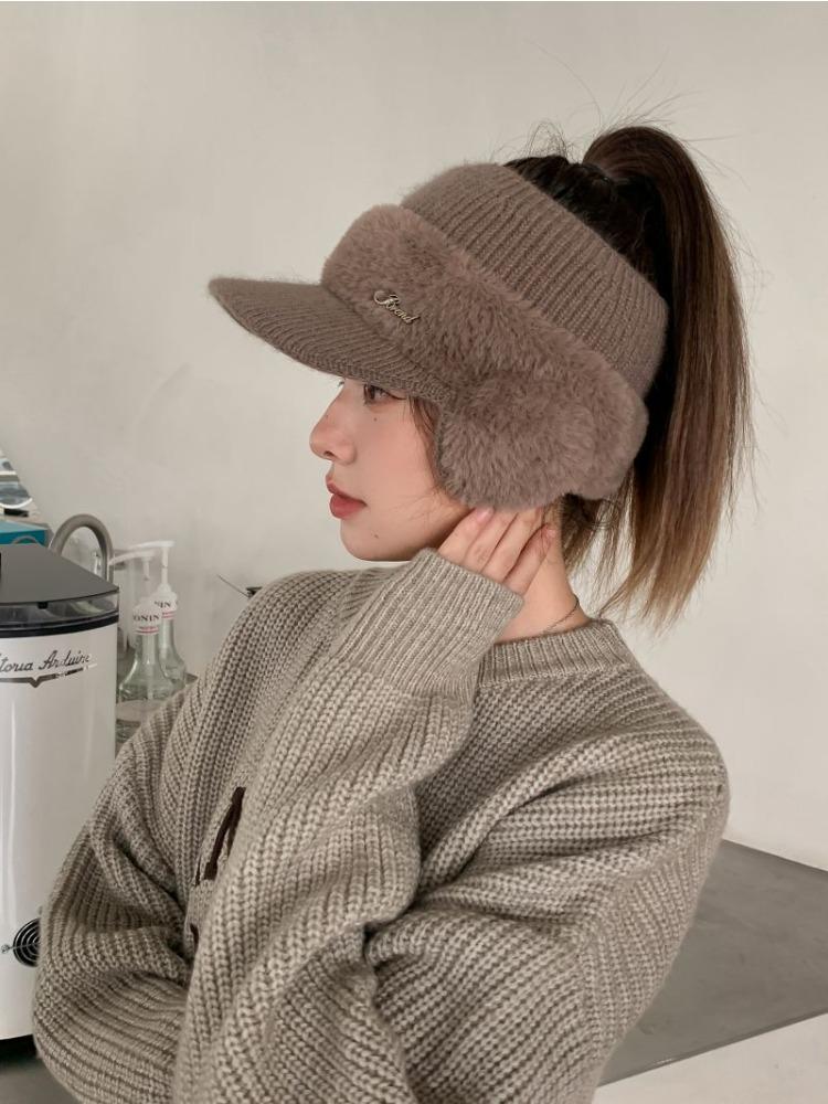 Warm Empty Top Hat Women's Autumn and Winter Ponytail Knitted Baseball Cap Thickened Outdoor Riding Cold Ear Protection Cap