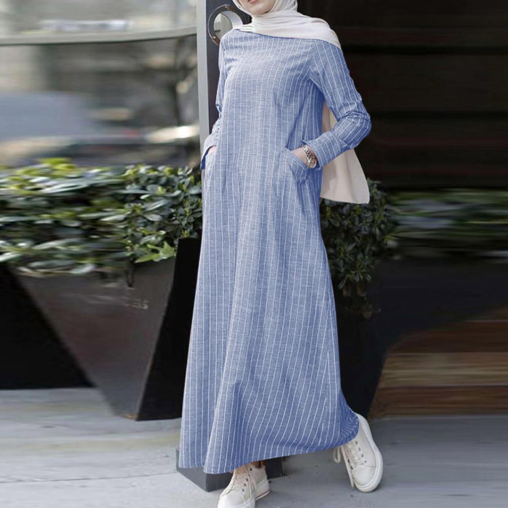 Women Long Sleeve Muslim Islamic Dress Casual Striped Kaftan Dress