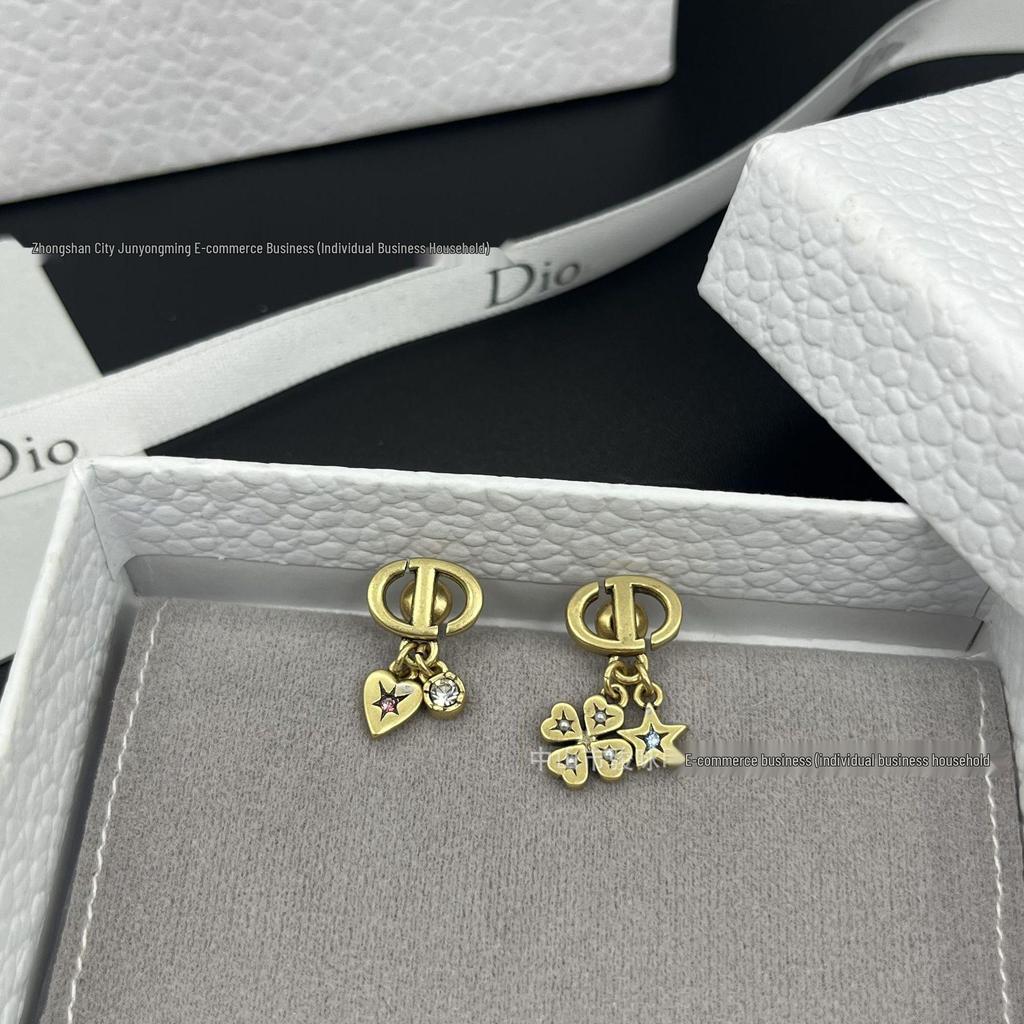 Retro D-Style Asymmetrical Colorful Clover Heart Star Diamond Earrings for Women - Niche Design by CD