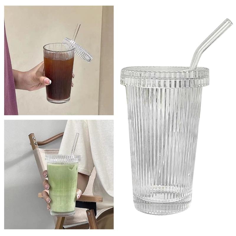 Кружки для кофе Молочная чашка Стеклянная кружка в полоску со straw Питьевая кружка Стакан для сока Стеклянный материал для любого случая