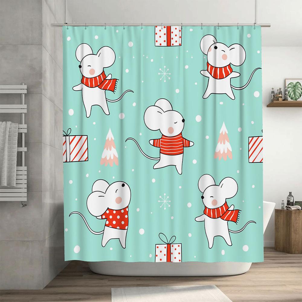 GAEAdorable Christmas Mouse Shower Curtain Set Festive Bathroom Decor for Holiday Season Light Blue Background with Snowflakes