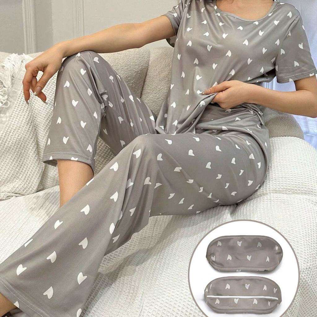 Пижамный комплект весна-лето для женщин с принтом в виде сердца, топ с короткими рукавами и длинные брюки, пижама с повязкой на глазу, повседневная свободная мягкая домашняя одежда