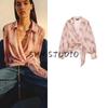 Spring New Women's Clothing Commute Style Print Long Sleeves Lapel Metallic Knot Shirt 2460146